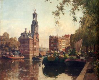 科內利斯 維裡登伯格 The Flowermarket On The Singel Amsterdam With The Munttoren Beyond